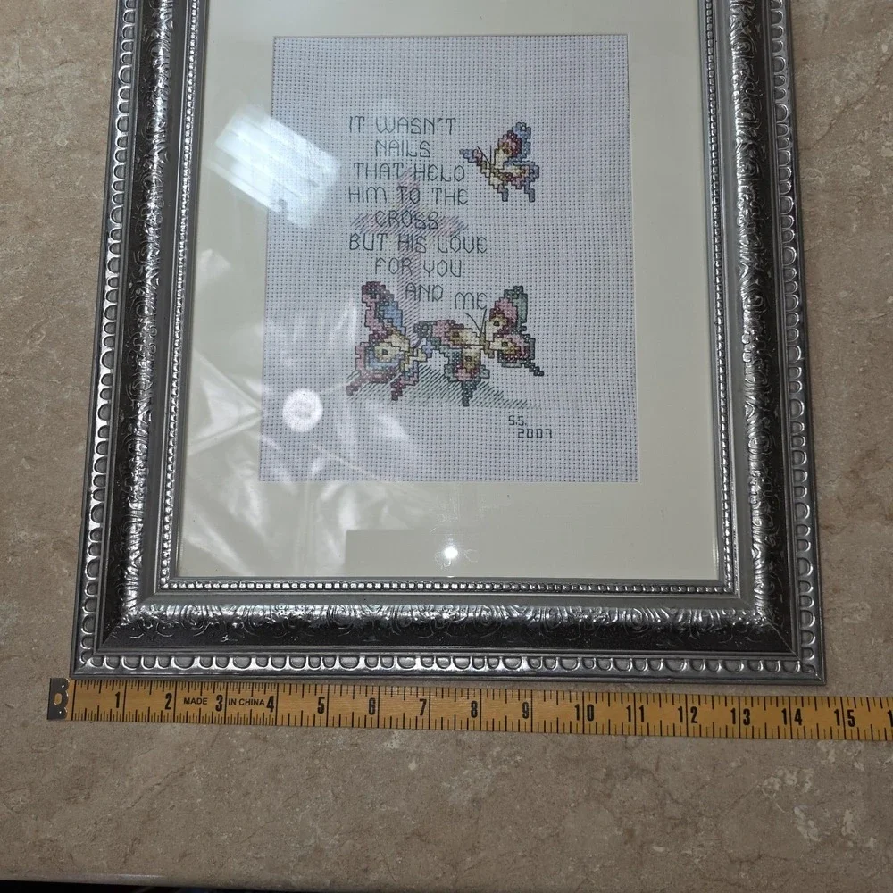 VTG Handmade Completed Framed Cross Stitch It Wasn't Nails Christian 2001Decor